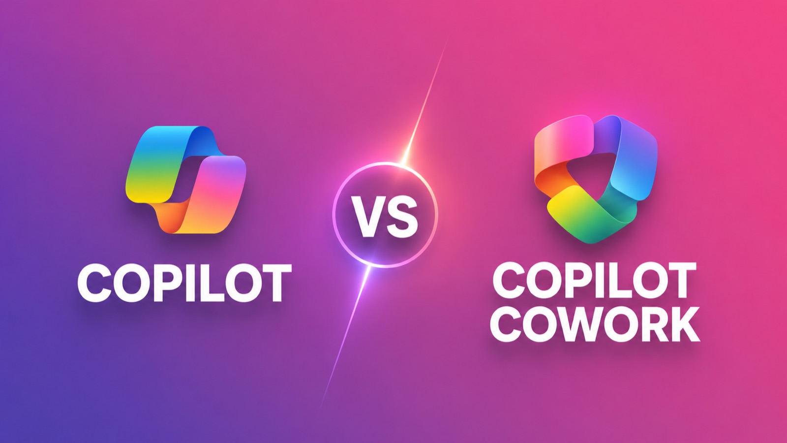 Copilot versus Copilot Cowork banner showing both product logos separated by a VS divider