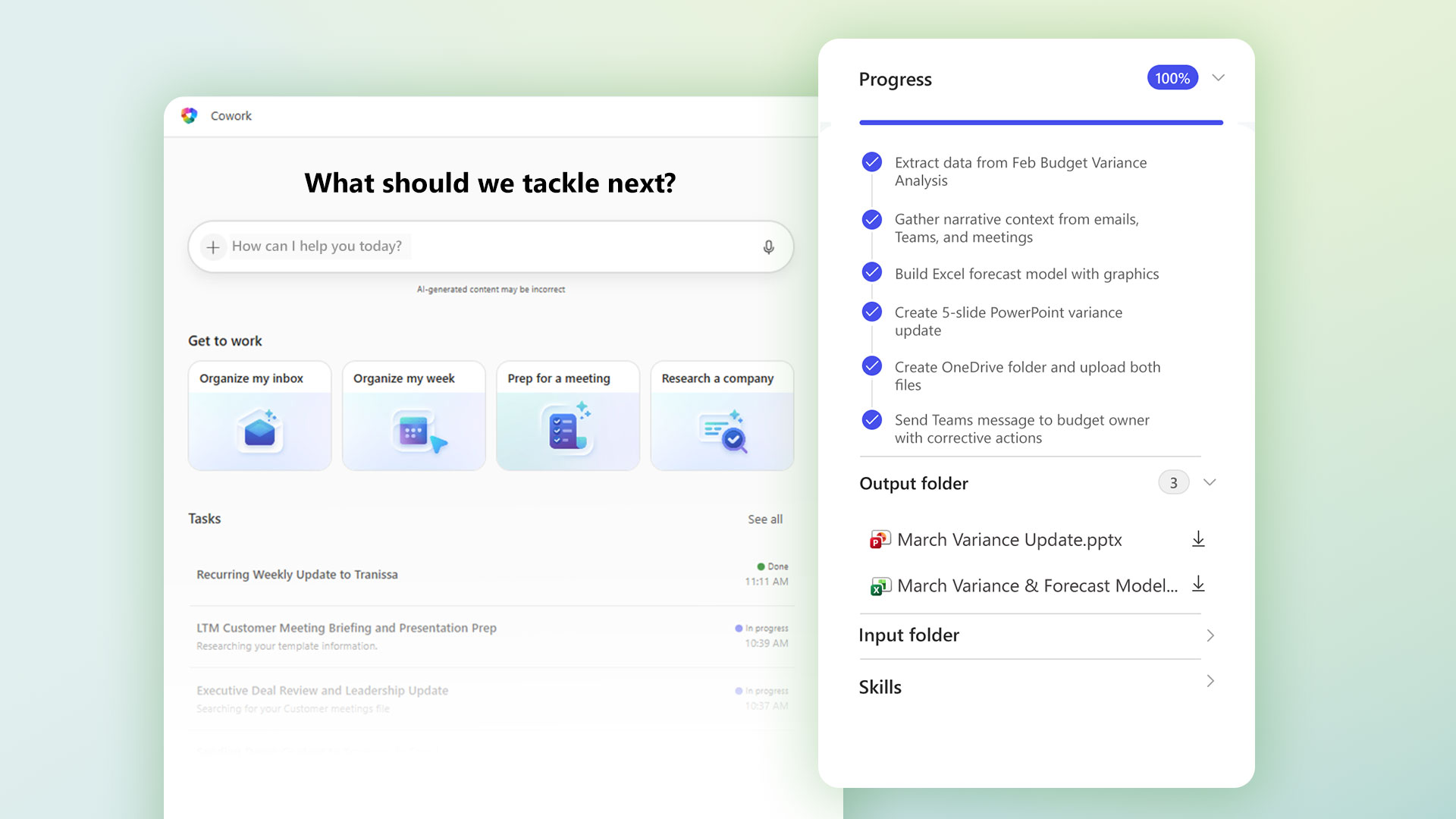 Microsoft Copilot Cowork task interface with a progress panel showing a completed multi-step budget analysis, including an Excel forecast model, a PowerPoint update, and a Teams message