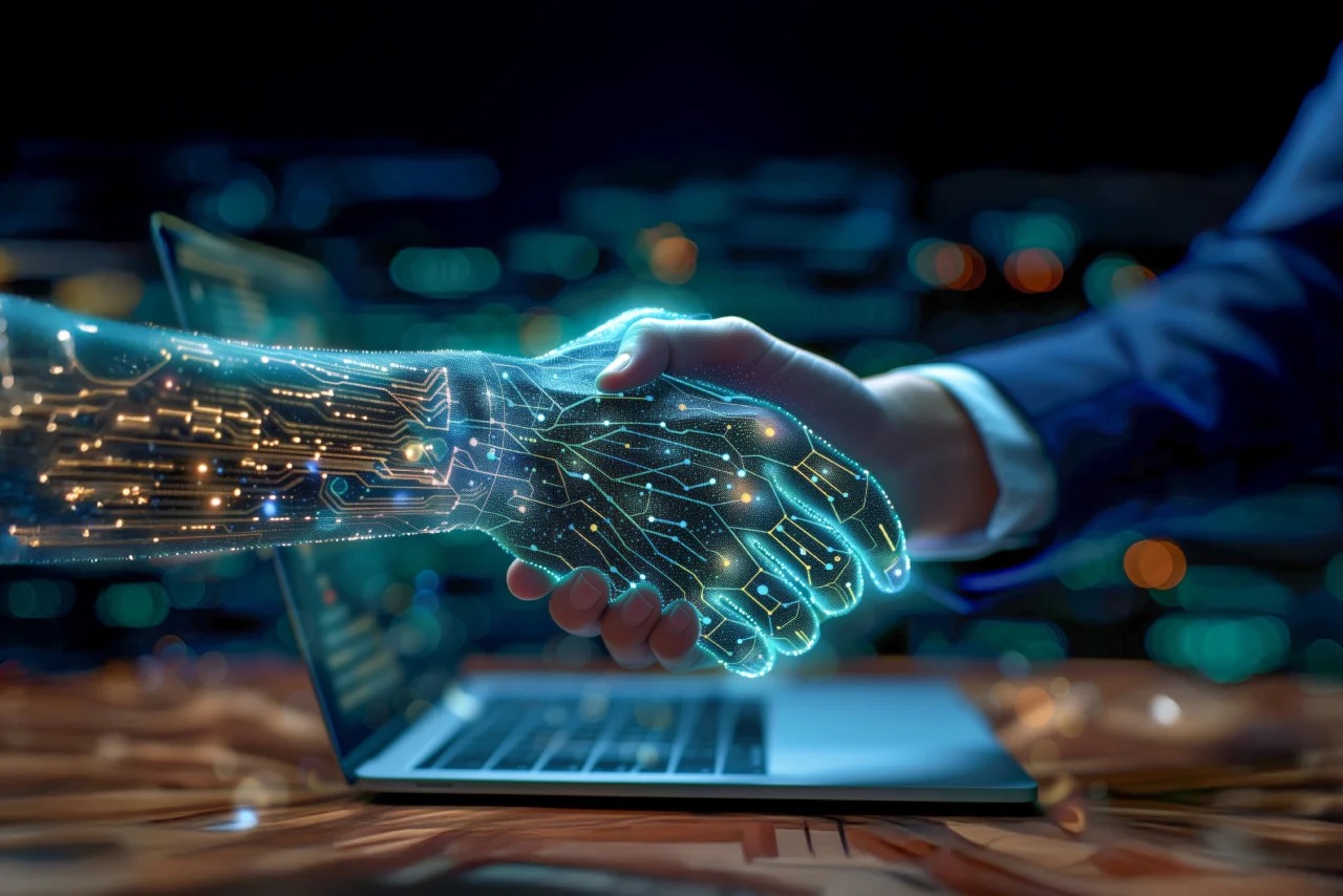 A business handshake merging with a glowing circuit-board AI hand above a laptop, representing an IT provider partnering with a client on AI