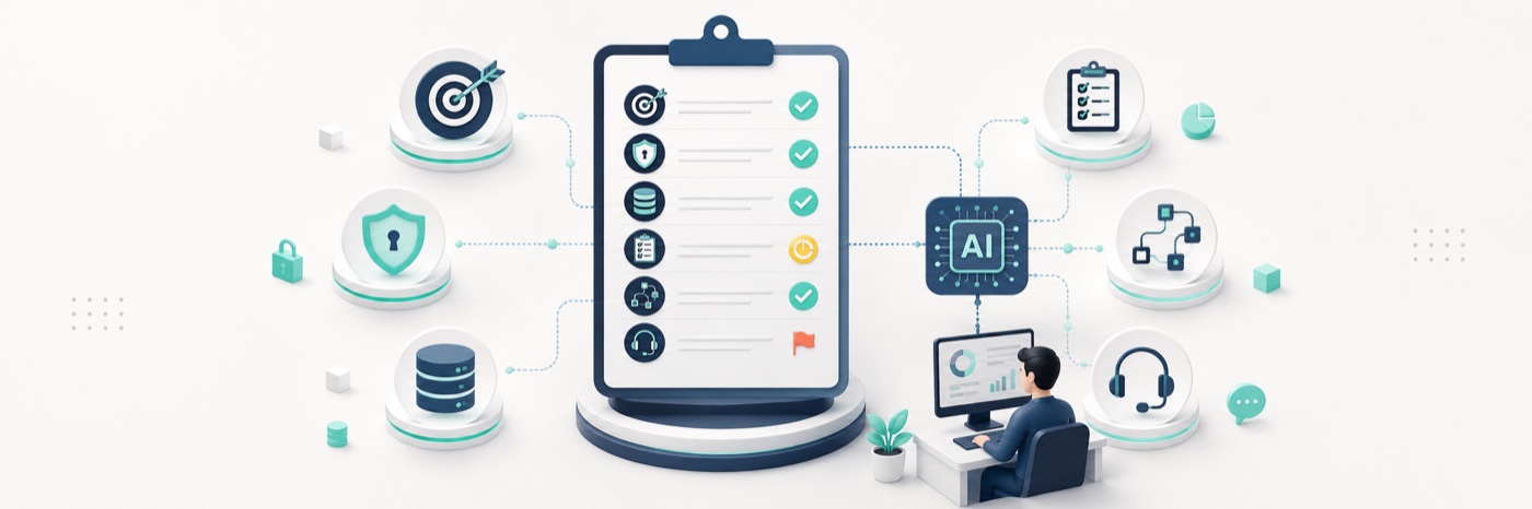 An IT provider AI-readiness scorecard: a checklist of AI capabilities with a managed helpdesk and an AI chip