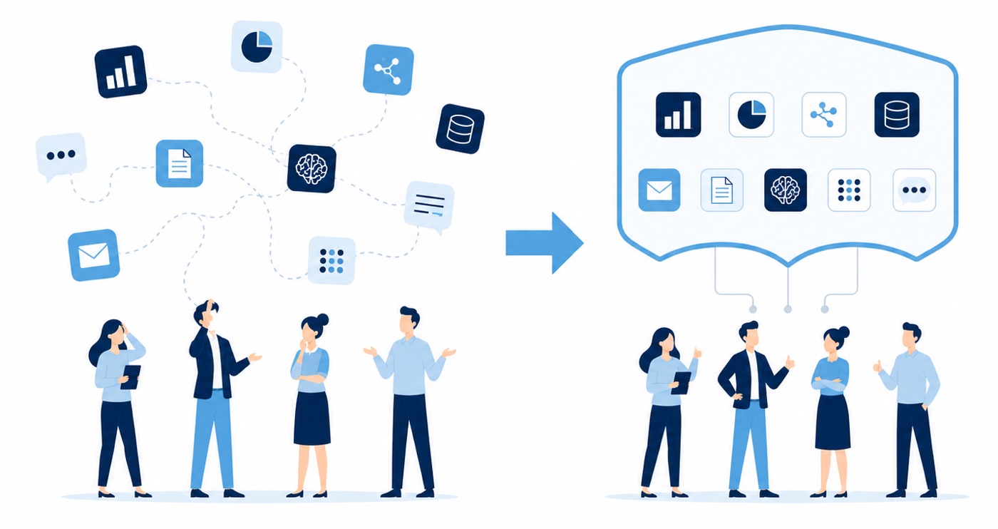 Before and after of managed AI: scattered, unsupervised AI tools and a confused team on the left; the same tools organized and secured under management with a confident team on the right